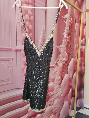 Retrofete Black Sequin Mini Dress with Gold Trim